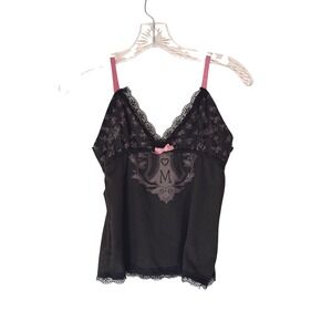 Women's Lace Trim Tank Top Black Bow Floral Babydoll Coquette Whimsigoth Small